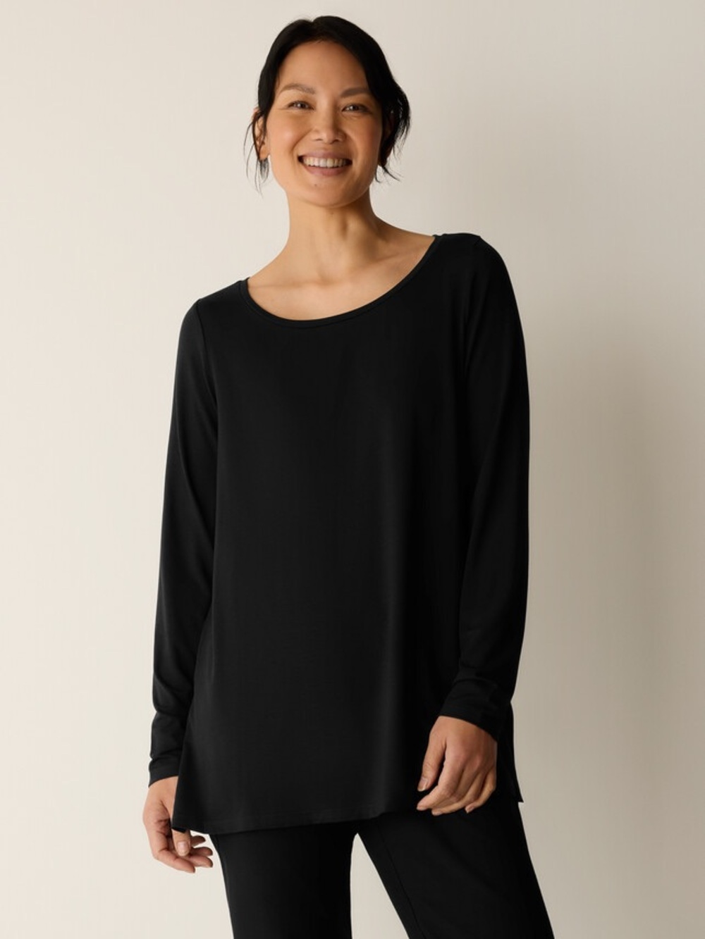 Eileen Fisher Stretch Oversized Long Sleeve Tunic Top Black Size M
